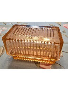 Pink Depression Glass Ribbed Butter Dish With Lid Vintage Rectangular JH8022